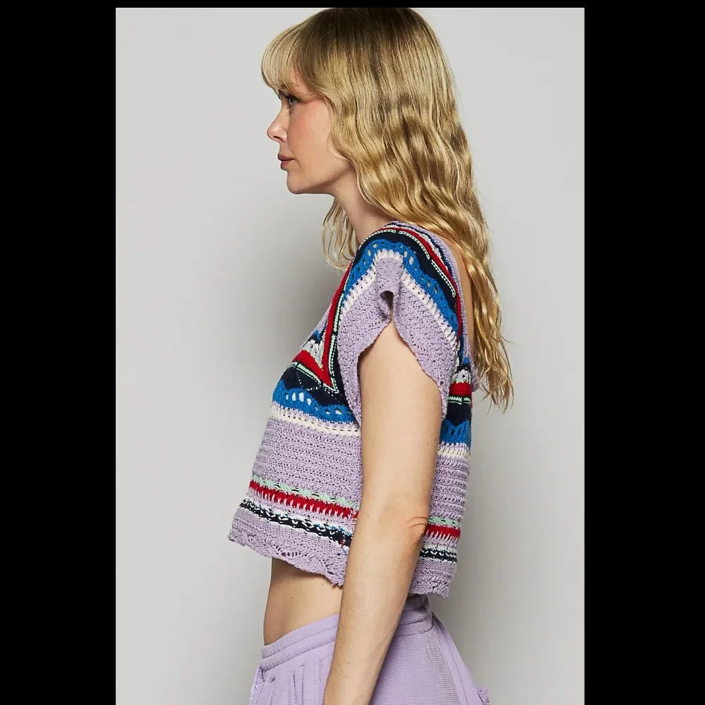 POL Crochet Knit Short Sleeve Top (Lavender Multi) - Picture 2 of 6